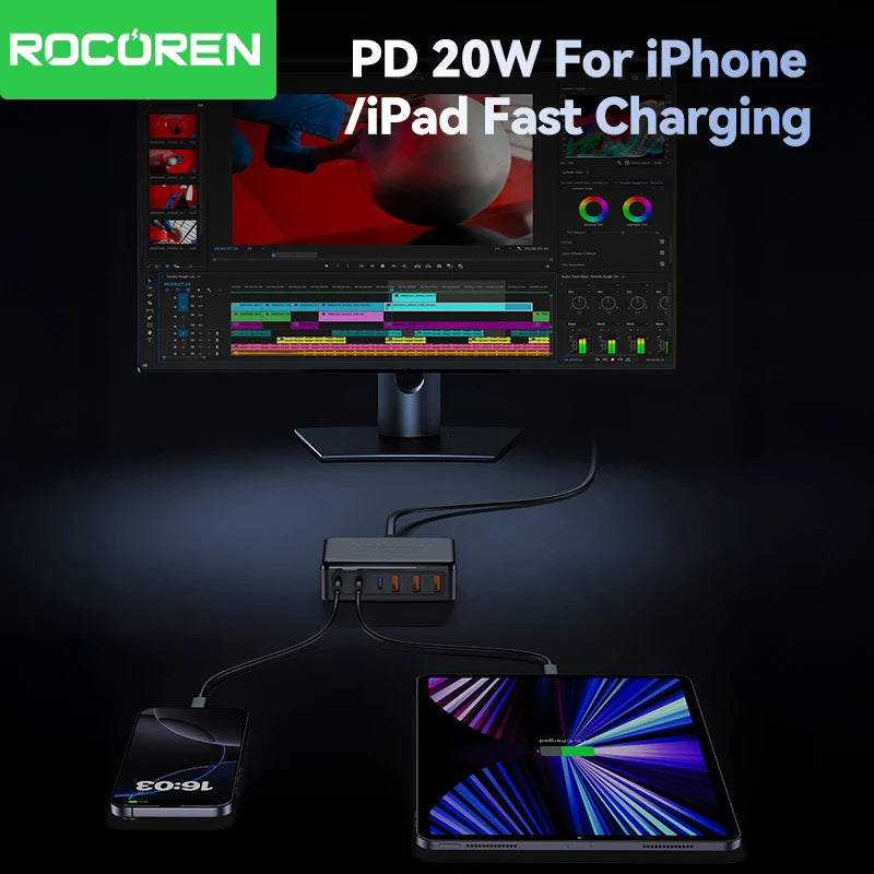 Chargeur Rocoren 100W 6 ports  technologie GaN hub