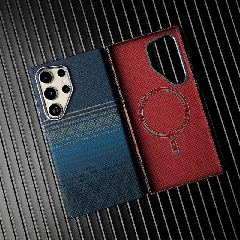 Pour Samsung Galaxy S26Ultra S26 S25 S24 S23 Ultra Plus, coque en fibre de carbone, MagSafe, charge sans fil, alliage, objectif, coque rigide