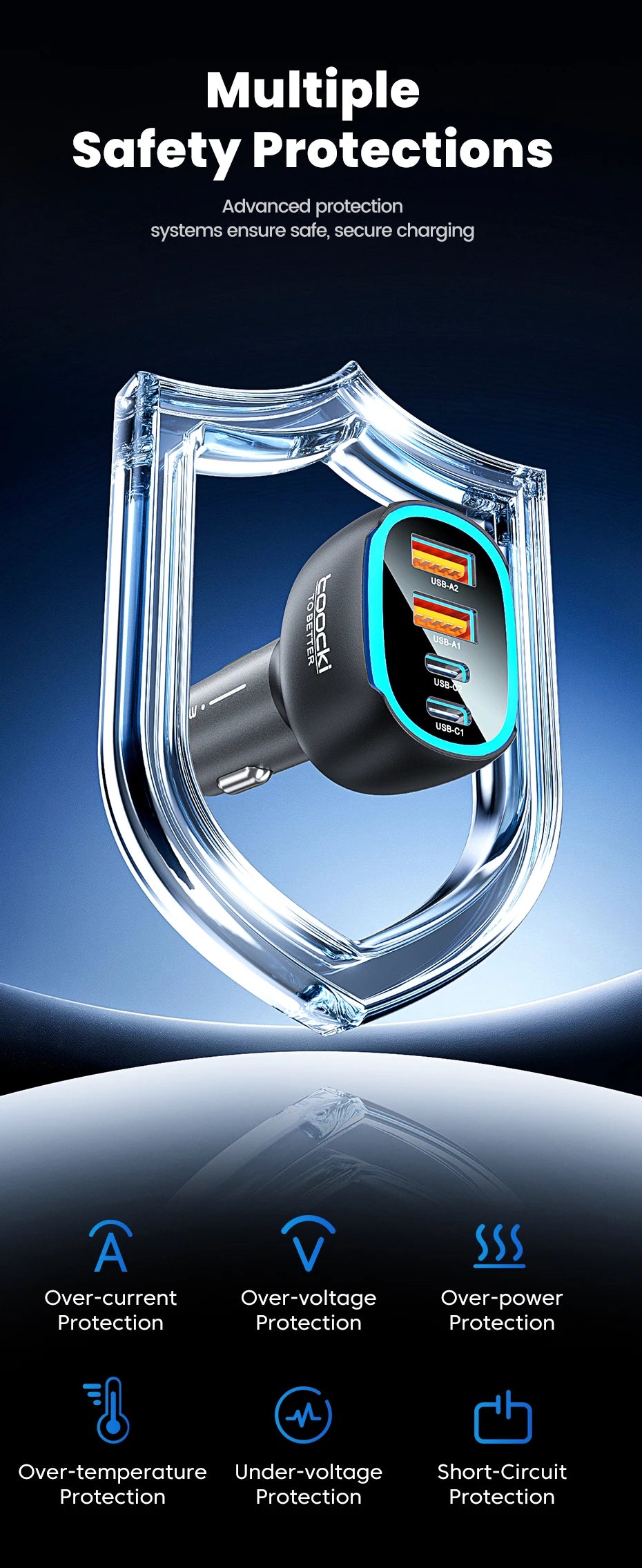Chargeur TOOCKI à charge rapide avec quatre ports, disponible en versions 90W et 120W.