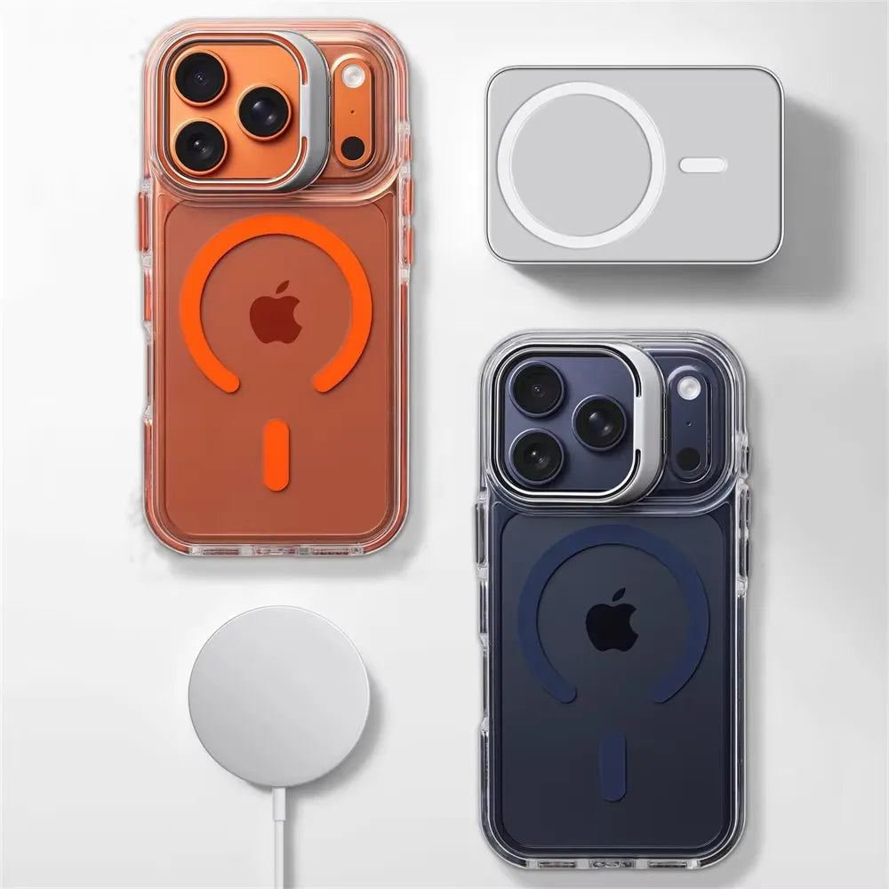 Coque pare‑chocs transparente de luxe MagSafe avec protection d’objectif, compatible iPhone 12 / 13 / 14 / 15 / 16 / 17 (base, Plus, Pro, Pro Max, Air) avec support intégré pour une protection élégante au quotidien.