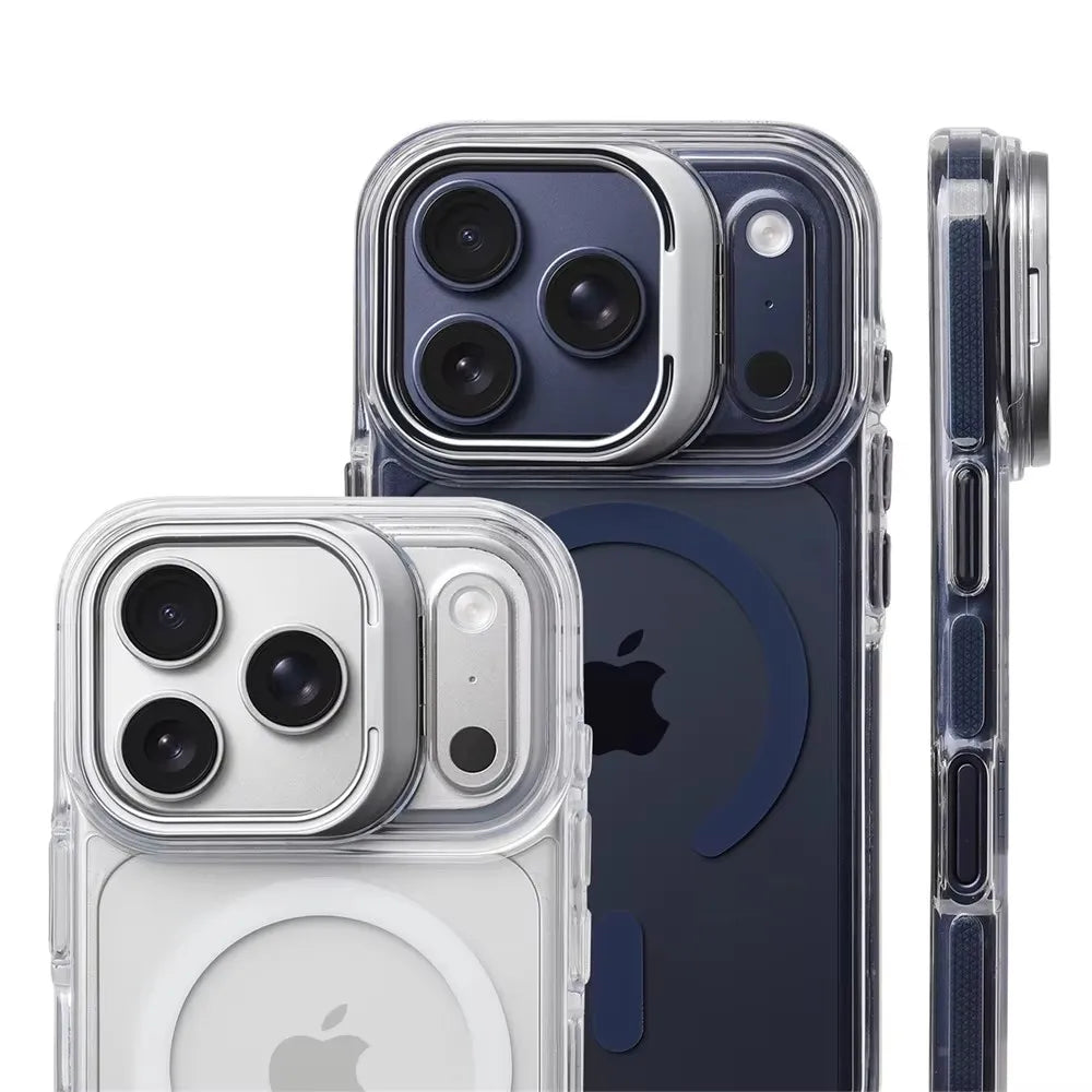 Coque pare‑chocs transparente de luxe MagSafe avec protection d’objectif, compatible iPhone 12 / 13 / 14 / 15 / 16 / 17 (base, Plus, Pro, Pro Max, Air) avec support intégré pour une protection élégante au quotidien.