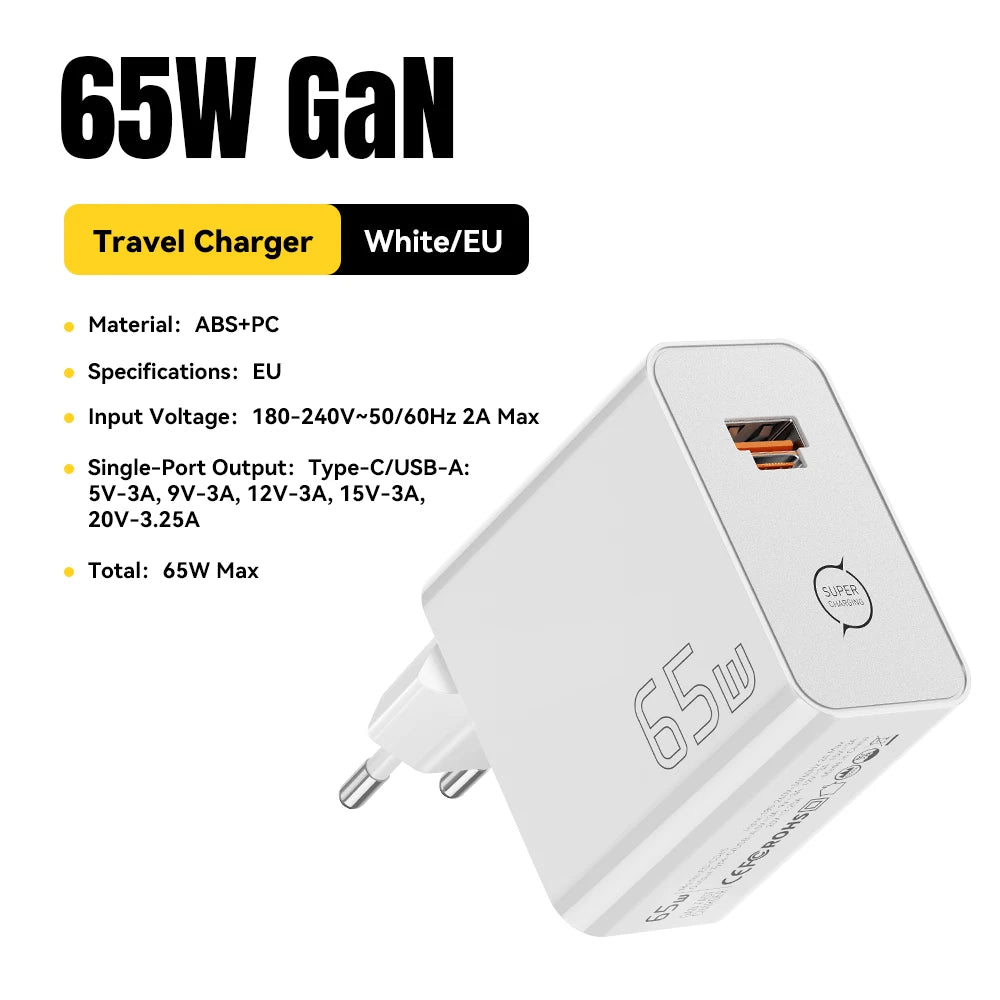 Chargeur ESSAGER GaN 65W USB-C / USB-A – Charge Rapide