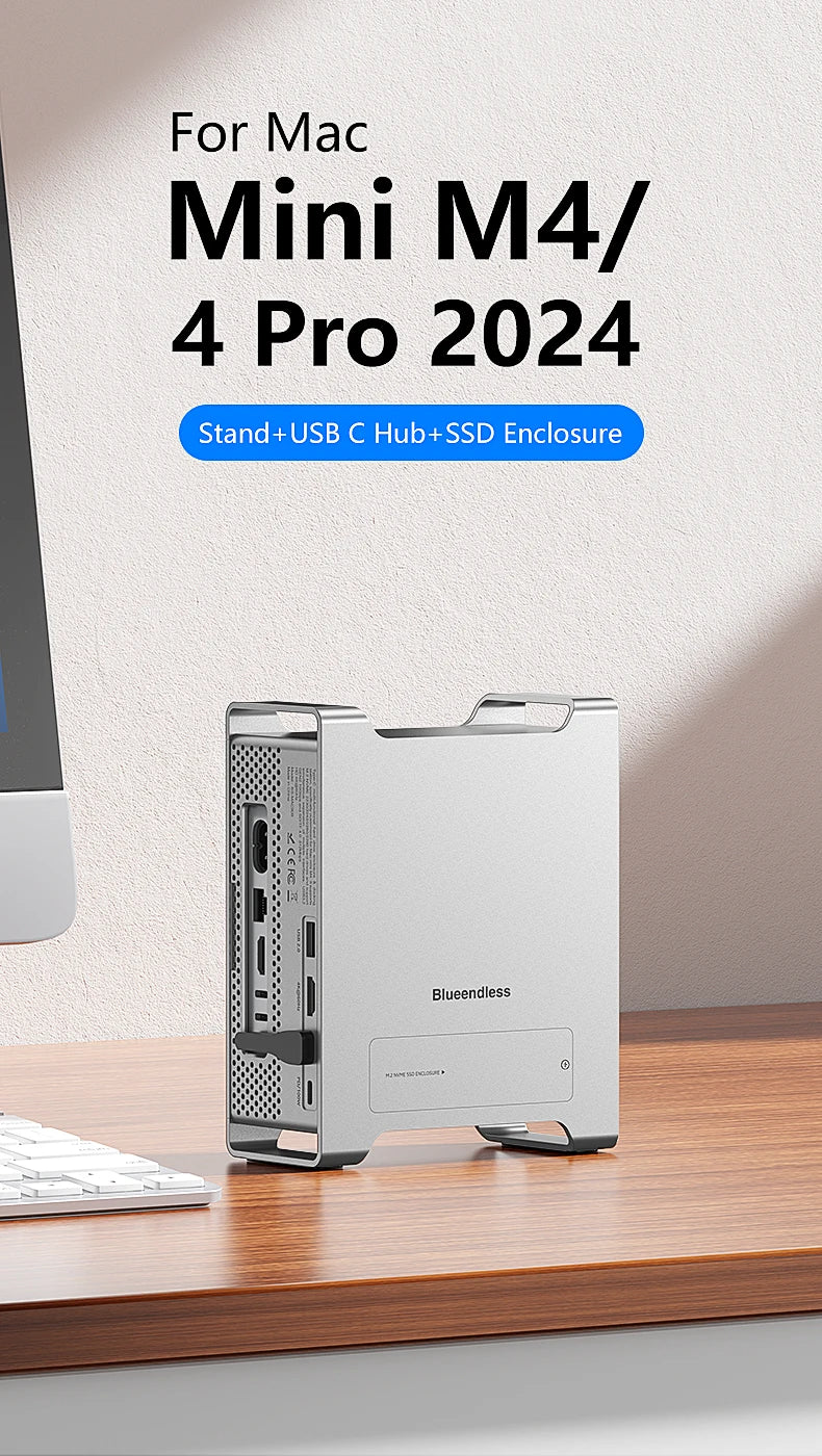 Docking SSD sans fin pour support MAC Mini M4/M4 Pro 2024 avec boîtier SSD M.2 NVMe 4K/60HZ HDMI-Com SD4.0 TF4.0 10Gbps C HUB