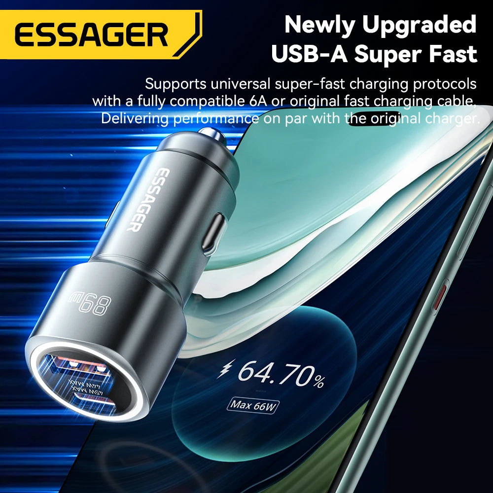 Chargeur voiture Essager 89W — double port QC 4.0/3.0 recharge rapide, USB Type‑C