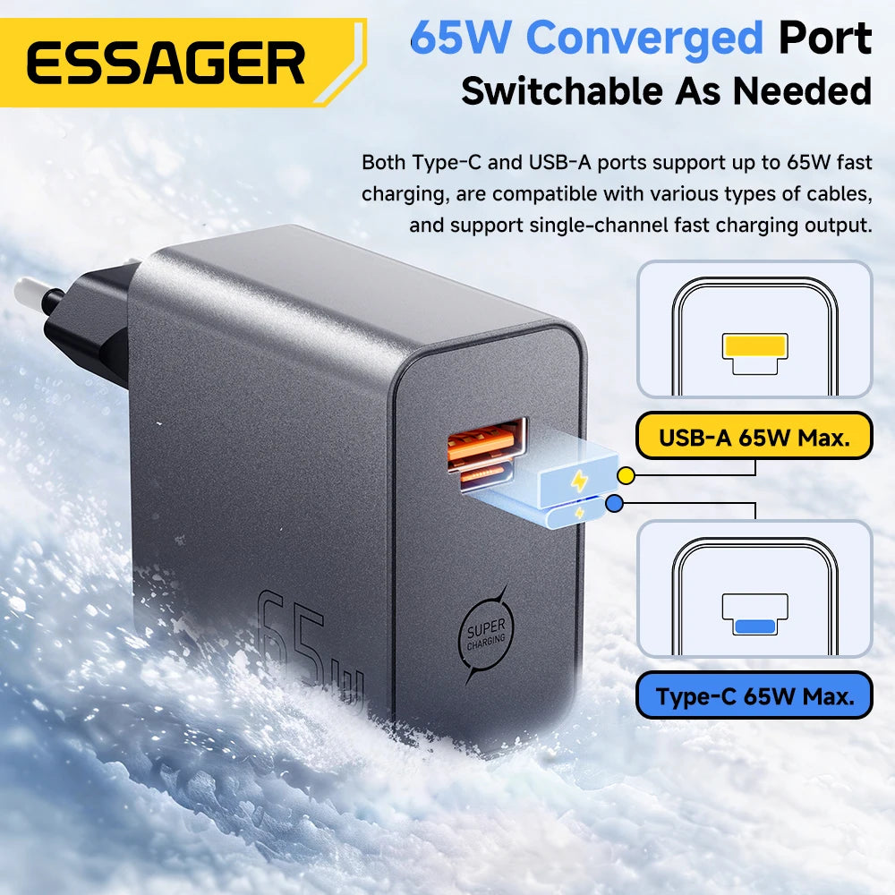 Chargeur ESSAGER GaN 65W USB-C / USB-A – Charge Rapide