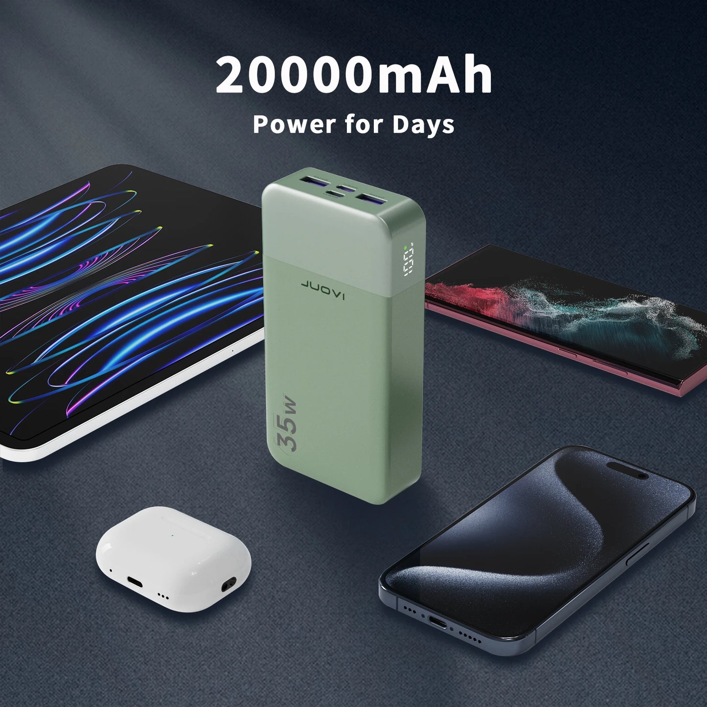 JUOVI Powerbank 20000mAh – Chargeur 35W PD3.0 QC4.0 avec Écran LED