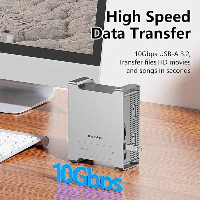Docking SSD sans fin pour support MAC Mini M4/M4 Pro 2024 avec boîtier SSD M.2 NVMe 4K/60HZ HDMI-Com SD4.0 TF4.0 10Gbps C HUB