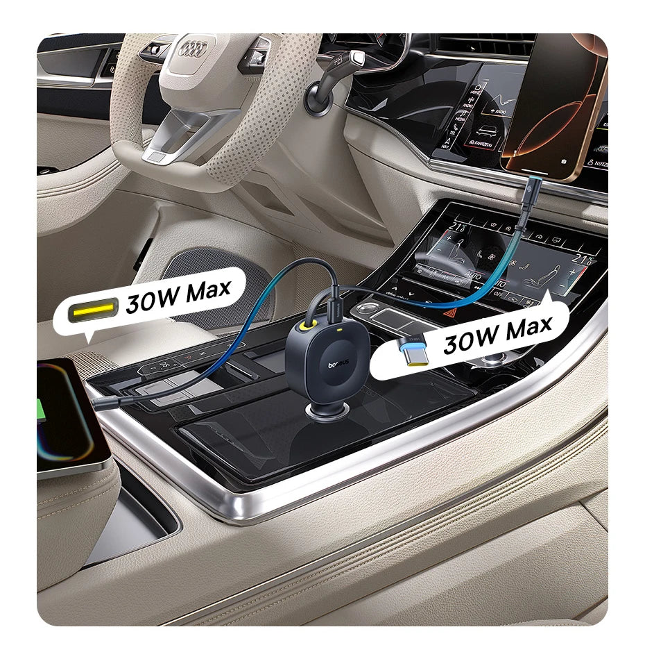 Chargeur voiture Baseus 60W câble rétractable 30W + port Type‑C 30W