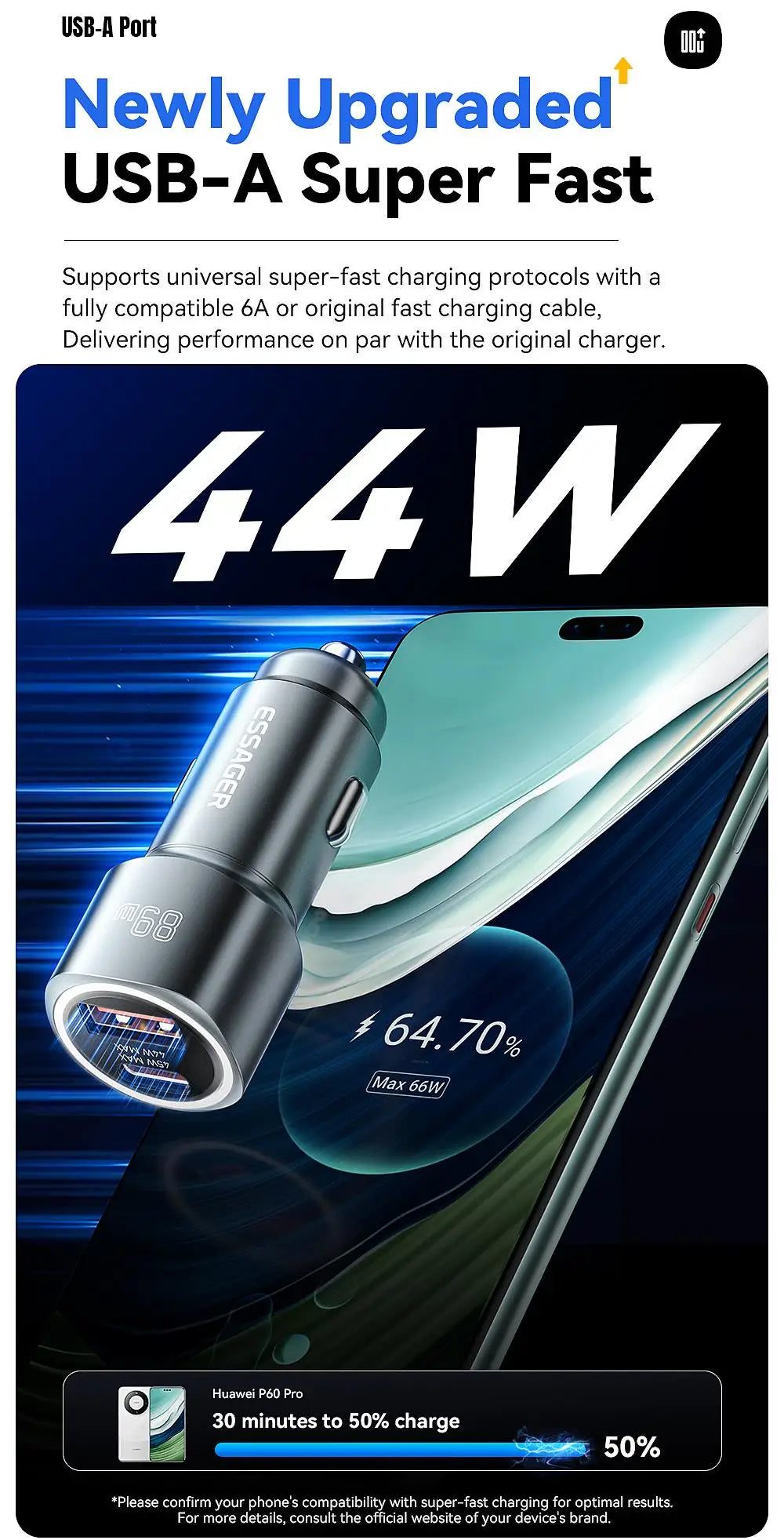 Chargeur voiture Essager 89W — double port QC 4.0/3.0 recharge rapide, USB Type‑C