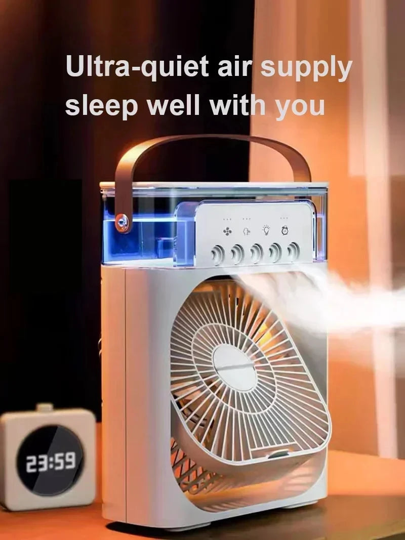 Ventilateur Portable 3‑en‑1, Mini Climatiseur, Humidificateur & Veilleuse LED pour Maison et Bureau