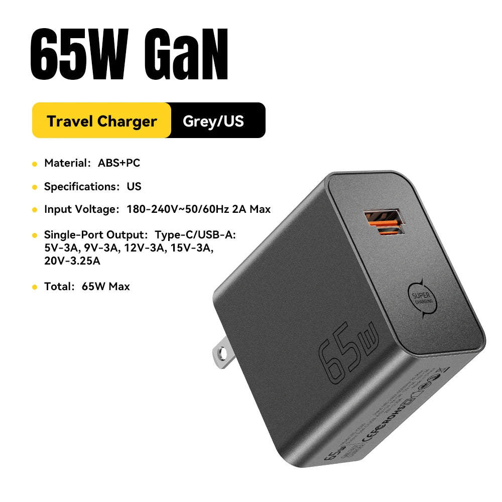 Chargeur ESSAGER GaN 65W USB-C / USB-A – Charge Rapide