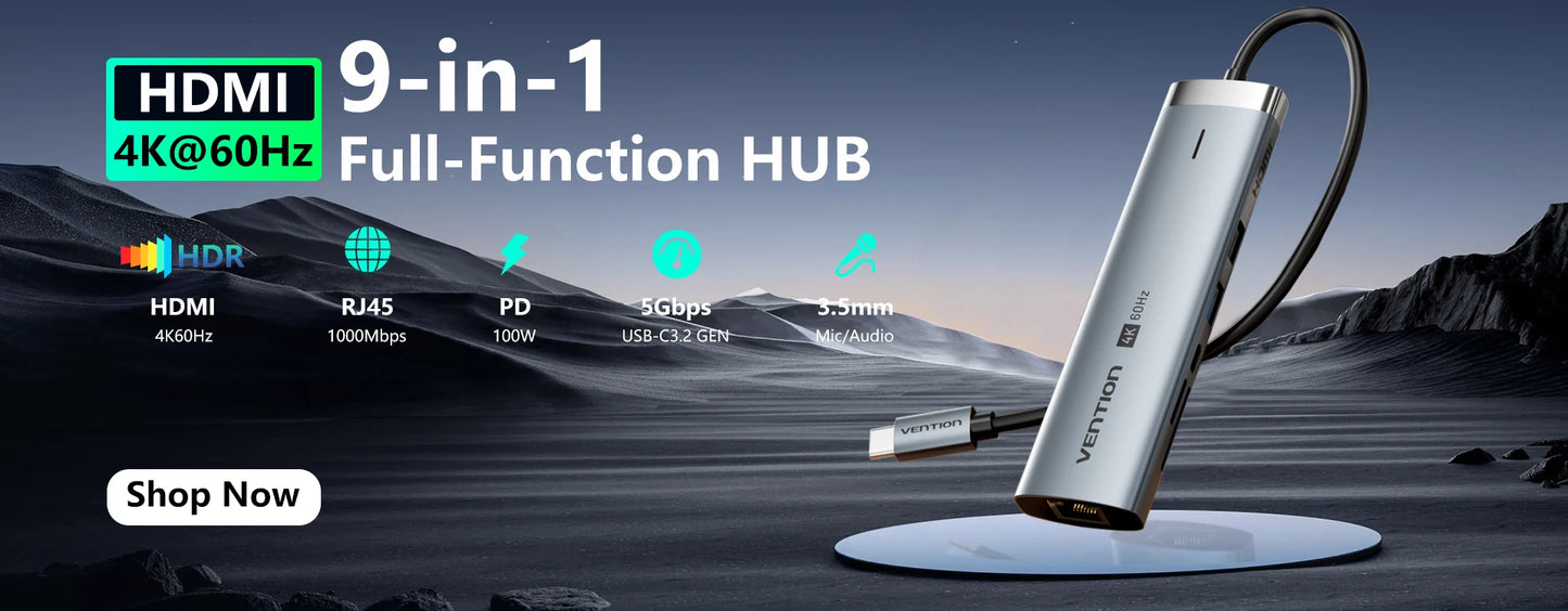 Vention – HUB USB‑C 6‑en‑1 4K60Hz avec RJ45 1000 Mbps & PD 100W