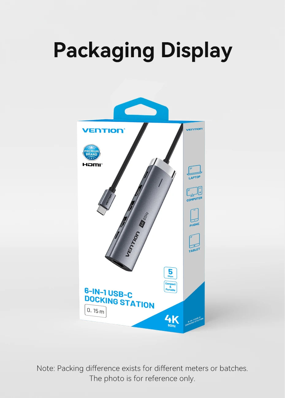 Vention – HUB USB‑C 6‑en‑1 4K60Hz avec RJ45 1000 Mbps & PD 100W