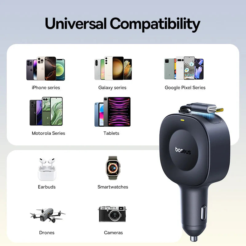 Chargeur voiture Baseus 60W câble rétractable 30W + port Type‑C 30W
