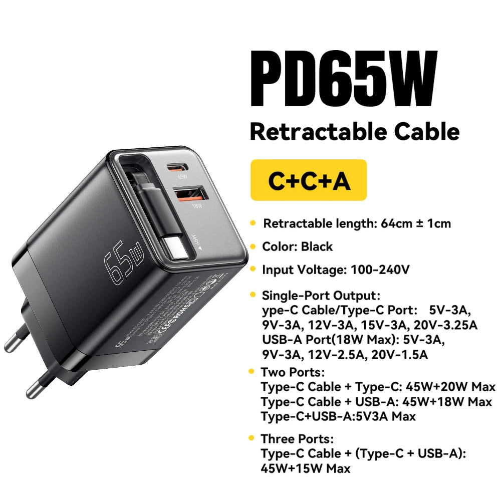 Chargeur Essager 65W GaN avec câble rétractable