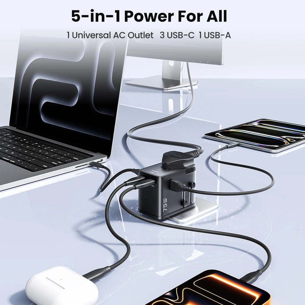oocki GaN 75W – Adaptateur de voyage universel pour 200 pays – 5‑en‑1 : 1 prise AC universelle + 4 ports de charge (USB‑C & USB‑A)
