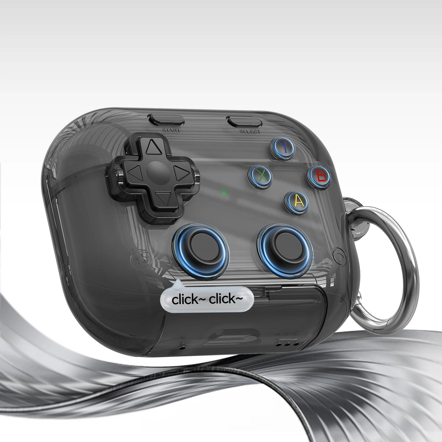 Étui pour écouteurs Apple, design gaming rigide avec verrou sécurisé, support téléphone et clip d’attache.