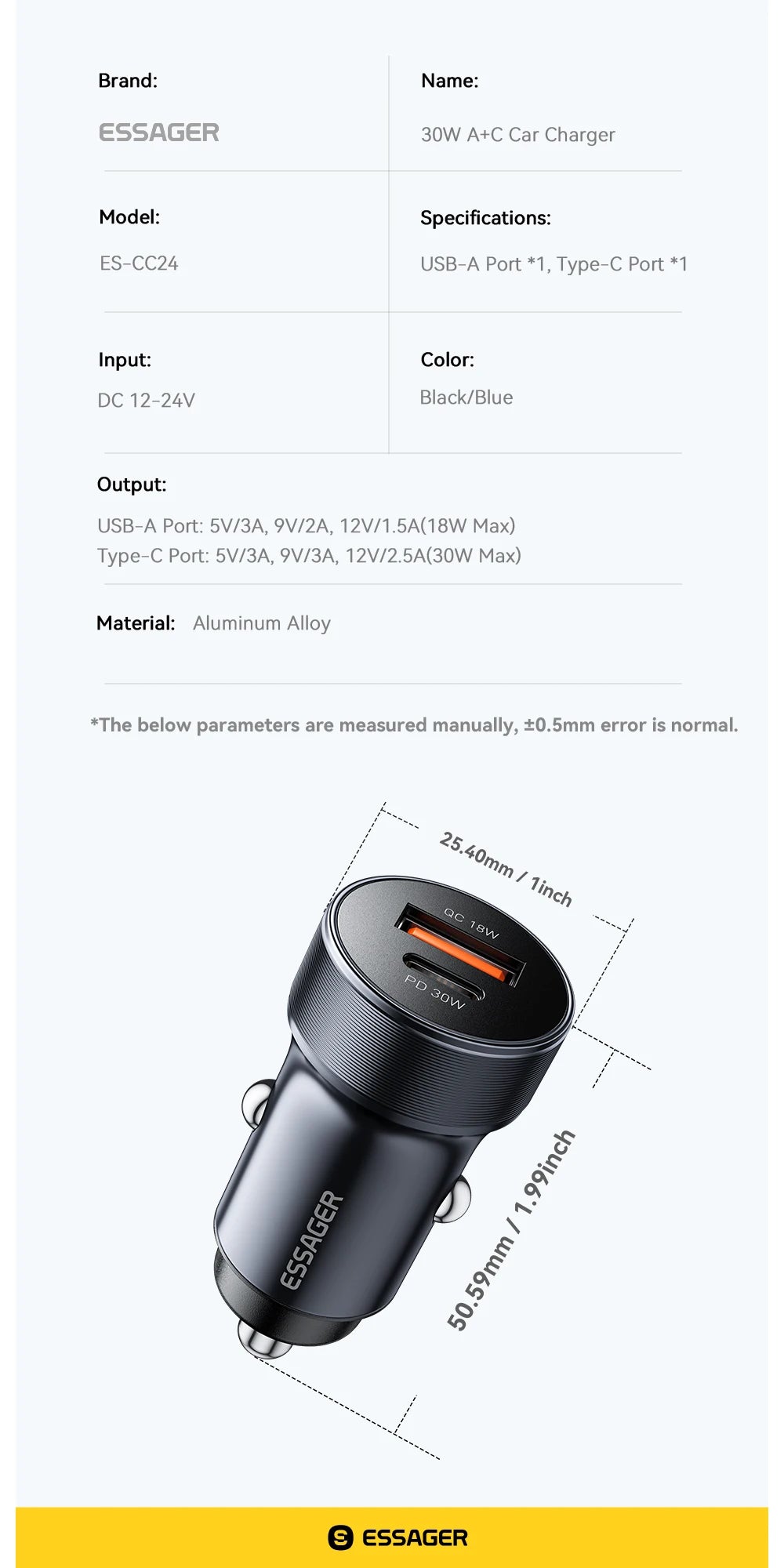 Chargeur ESSAGER USB‑A & Type‑C Charge Rapide PD 30W