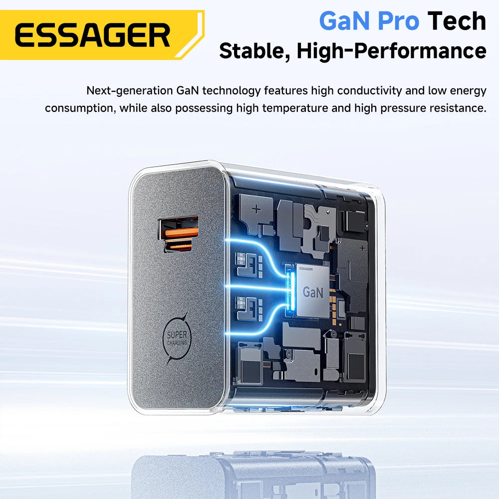 Chargeur ESSAGER GaN 65W USB-C / USB-A – Charge Rapide