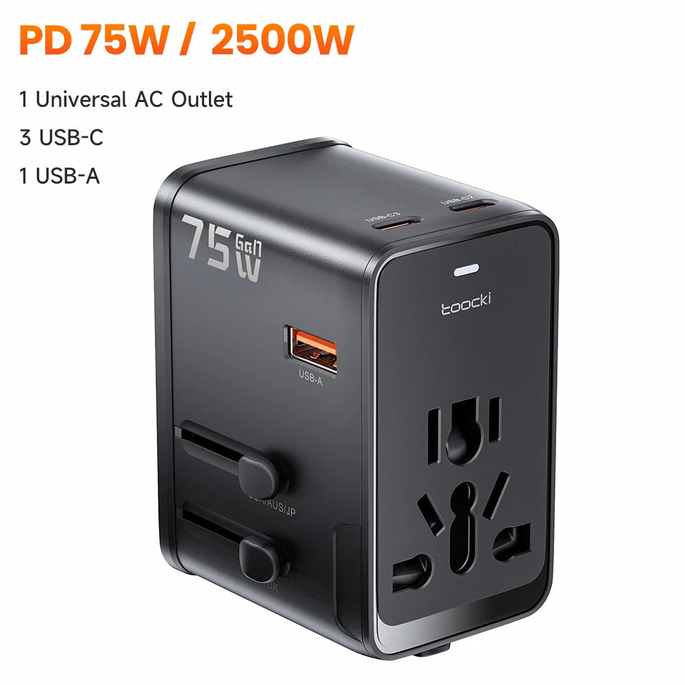 oocki GaN 75W – Adaptateur de voyage universel pour 200 pays – 5‑en‑1 : 1 prise AC universelle + 4 ports de charge (USB‑C & USB‑A)