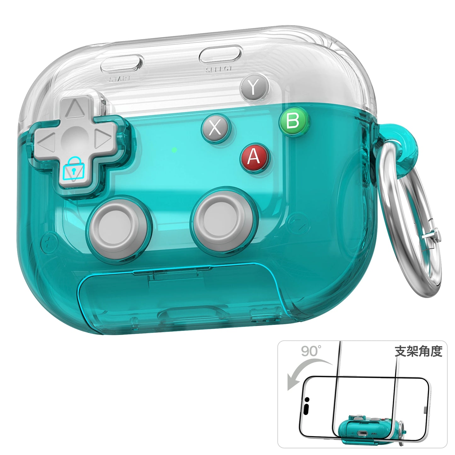Étui pour écouteurs Apple, design gaming rigide avec verrou sécurisé, support téléphone et clip d’attache.