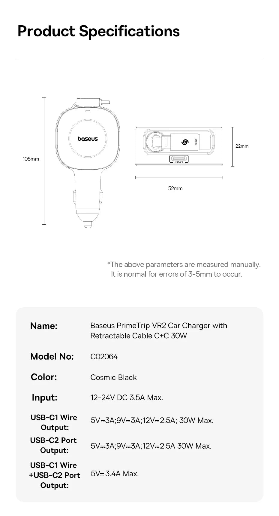 Chargeur voiture Baseus 60W câble rétractable 30W + port Type‑C 30W