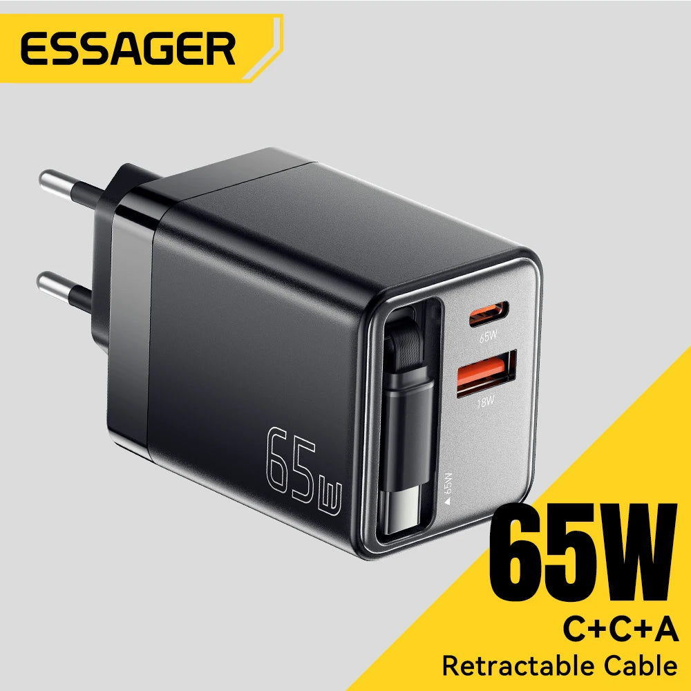 Chargeur Essager 65W GaN avec câble rétractable