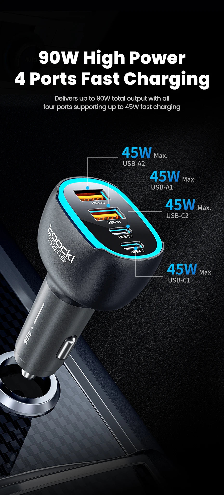 Chargeur TOOCKI à charge rapide avec quatre ports, disponible en versions 90W et 120W.