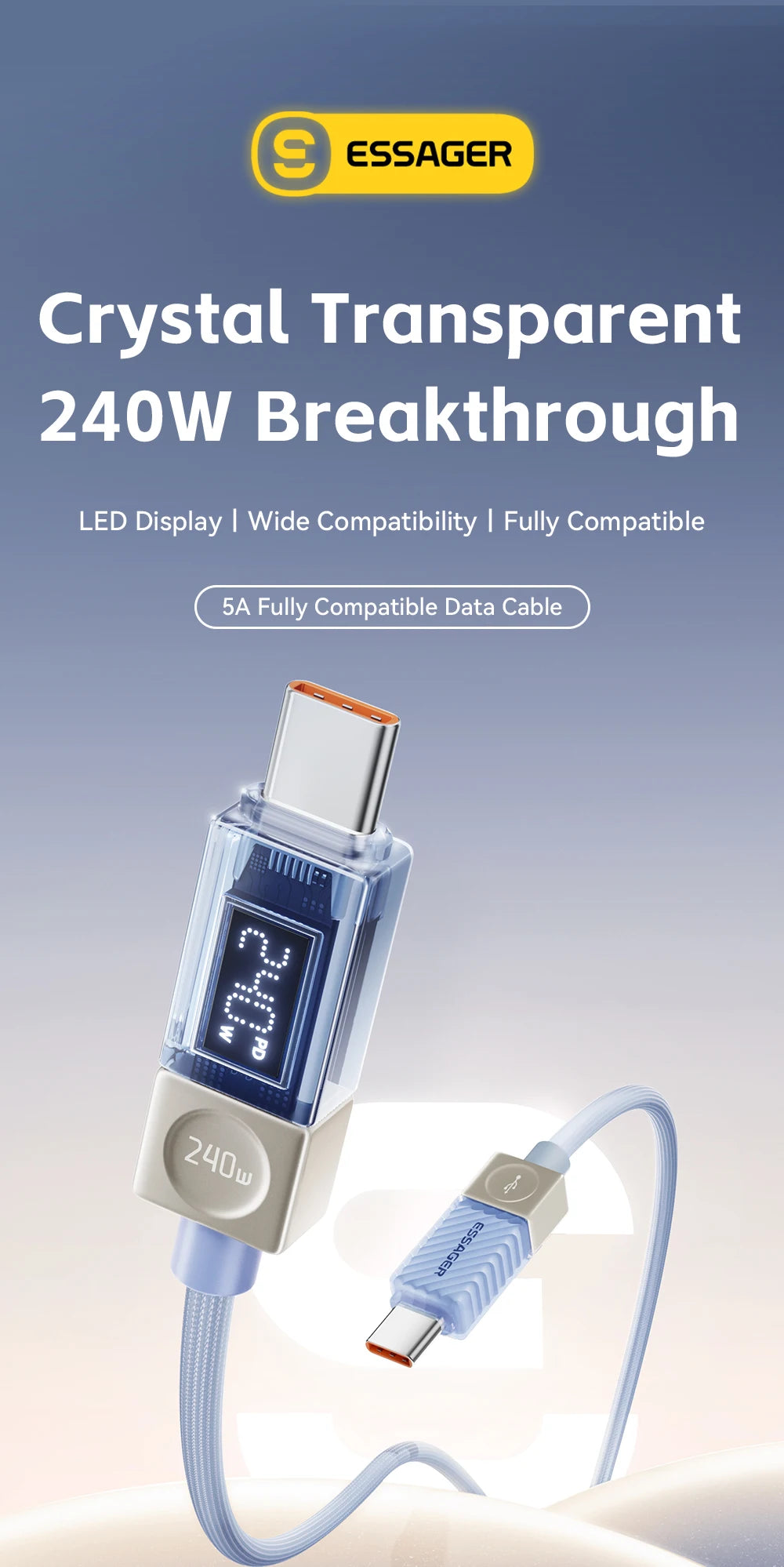 Câble USB‑C ESSAGER Version Haute Qualité & Originale 240W et 100W