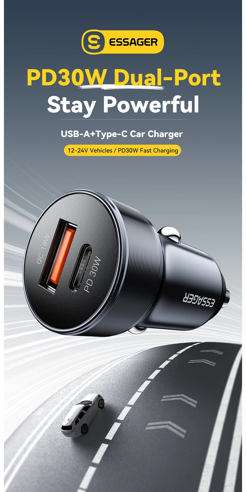 Chargeur ESSAGER USB‑A & Type‑C Charge Rapide PD 30W