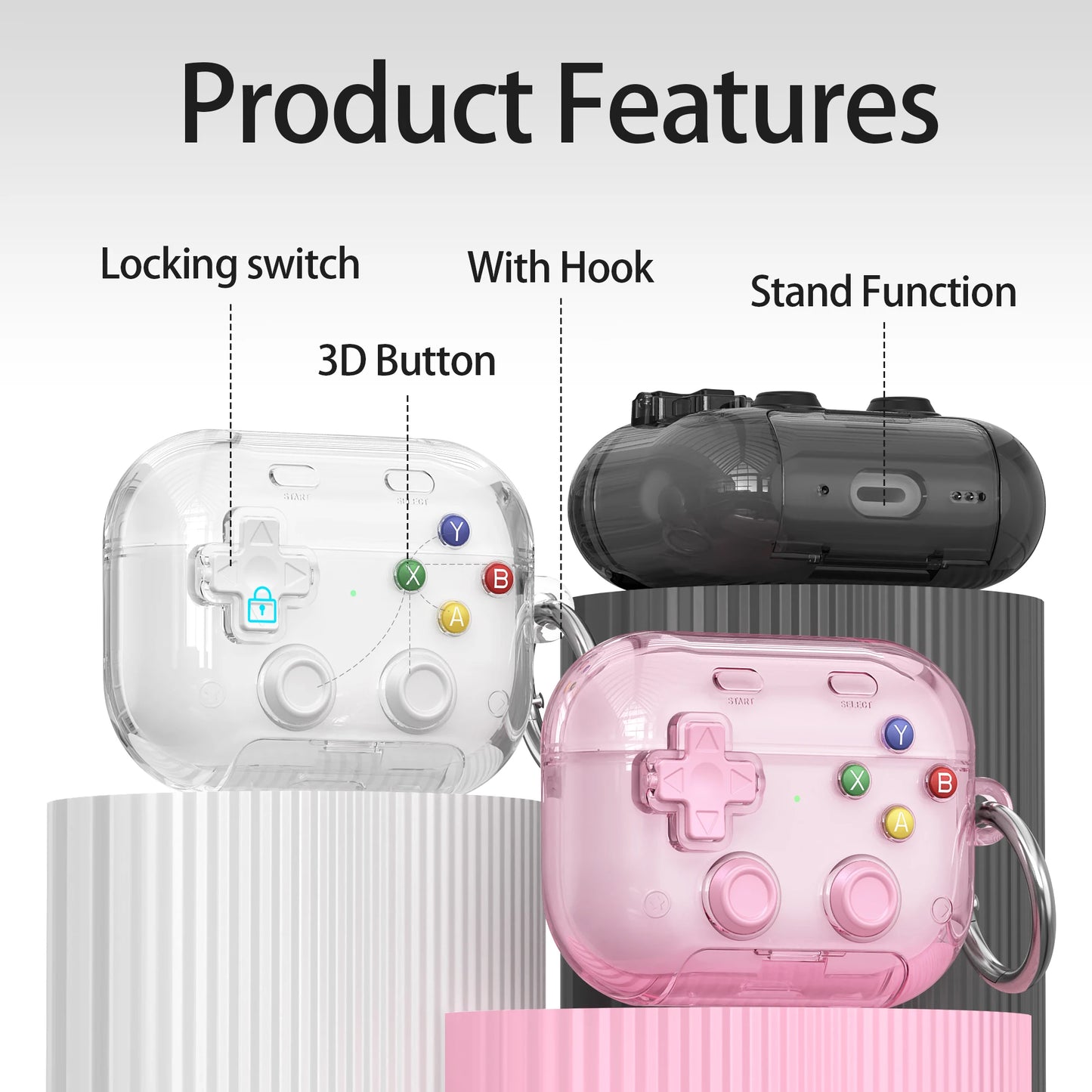 Étui pour écouteurs Apple, design gaming rigide avec verrou sécurisé, support téléphone et clip d’attache.