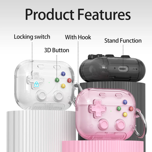 Étui pour écouteurs Apple, design gaming rigide avec verrou sécurisé, support téléphone et clip d’attache.