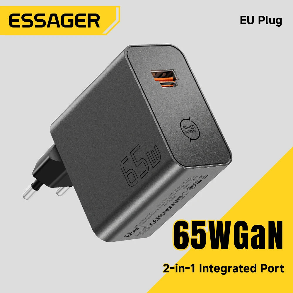 Chargeur ESSAGER GaN 65W USB-C / USB-A – Charge Rapide