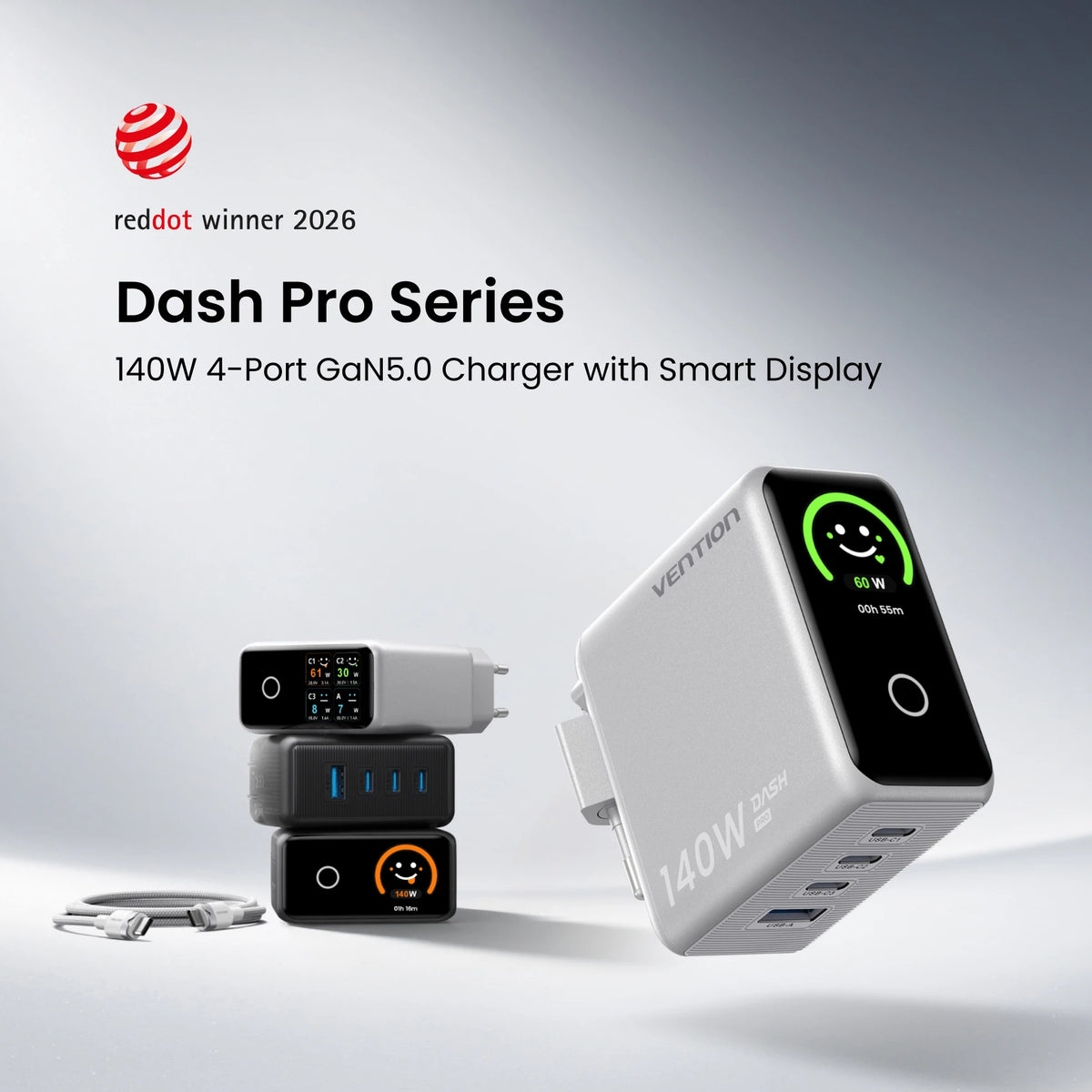 Chargeur Vention Dash Pro 140W GaN 5.0 avec écran intelligent