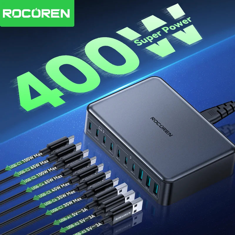 Rocoren Energy Station 400W – Chargeur GaN USB‑C 10‑en‑1 Portable pour Bureau