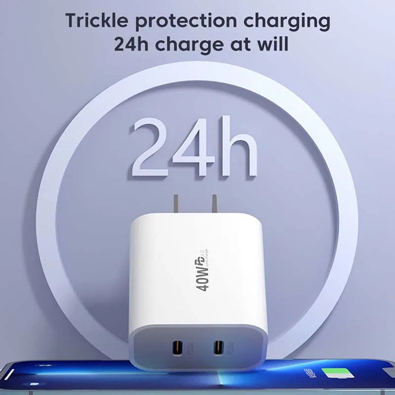 Chargeur OLAF rapide 40W Avec deux sorties USB‑C‑C PD QC3.0 avec câble Type‑C vers Type‑C