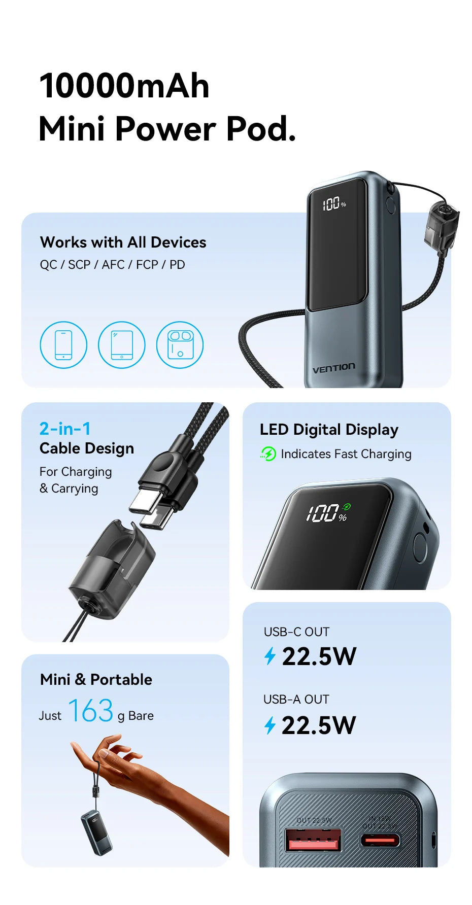Power bank Vention 10000mAh avec câble USB‑C intégré, charge rapide 22.5W et PD 3.0