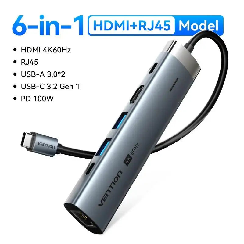 Vention – HUB USB‑C 6‑en‑1 4K60Hz avec RJ45 1000 Mbps & PD 100W