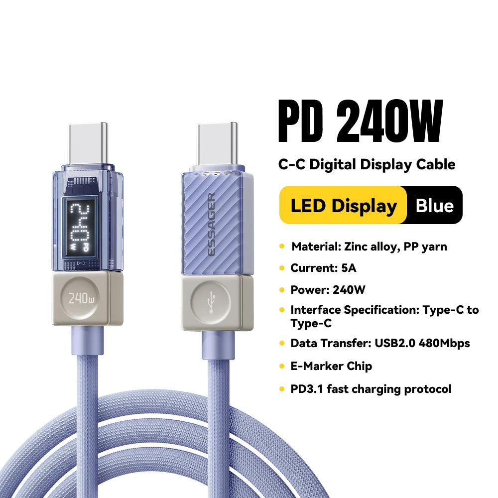 Câble USB‑C ESSAGER Version Haute Qualité & Originale 240W et 100W