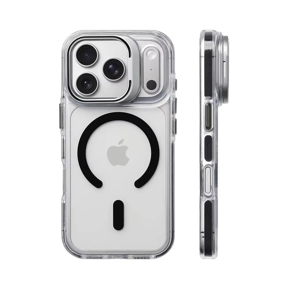 Coque pare‑chocs transparente de luxe MagSafe avec protection d’objectif, compatible iPhone 12 / 13 / 14 / 15 / 16 / 17 (base, Plus, Pro, Pro Max, Air) avec support intégré pour une protection élégante au quotidien.