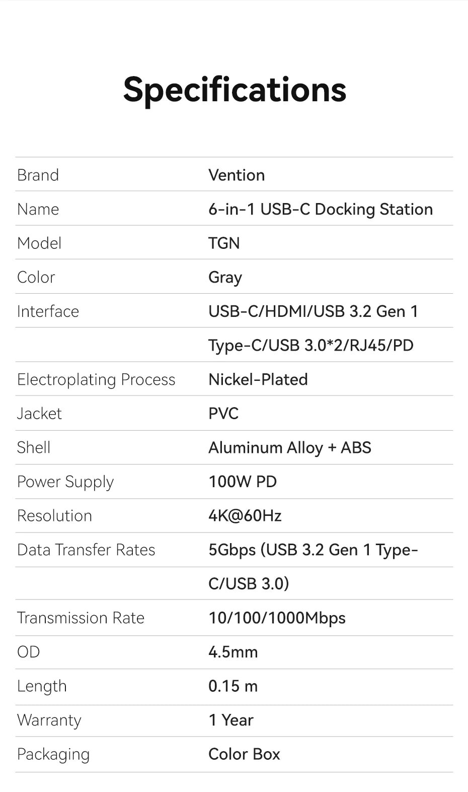 Vention – HUB USB‑C 6‑en‑1 4K60Hz avec RJ45 1000 Mbps & PD 100W