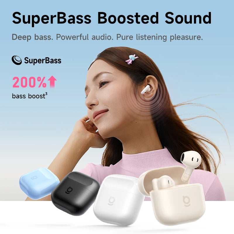 Baseus Bass BS2 Lite – Écouteurs Bluetooth TWS 6.0 semi‑intra‑auriculaires avec 2 micros AI ENC, 40h d’autonomie, IP55 et SuperBass