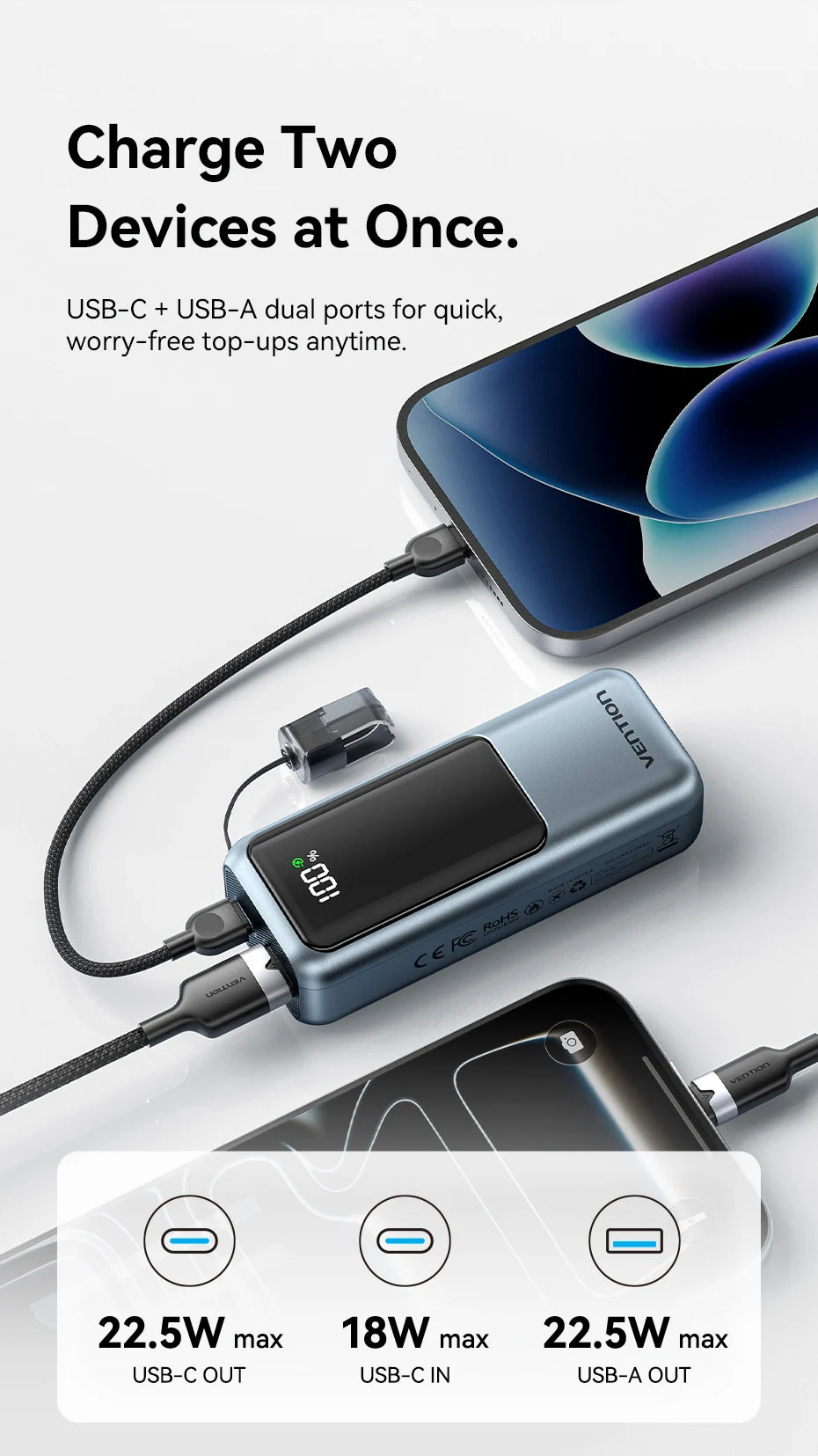 Power bank Vention 10000mAh avec câble USB‑C intégré, charge rapide 22.5W et PD 3.0