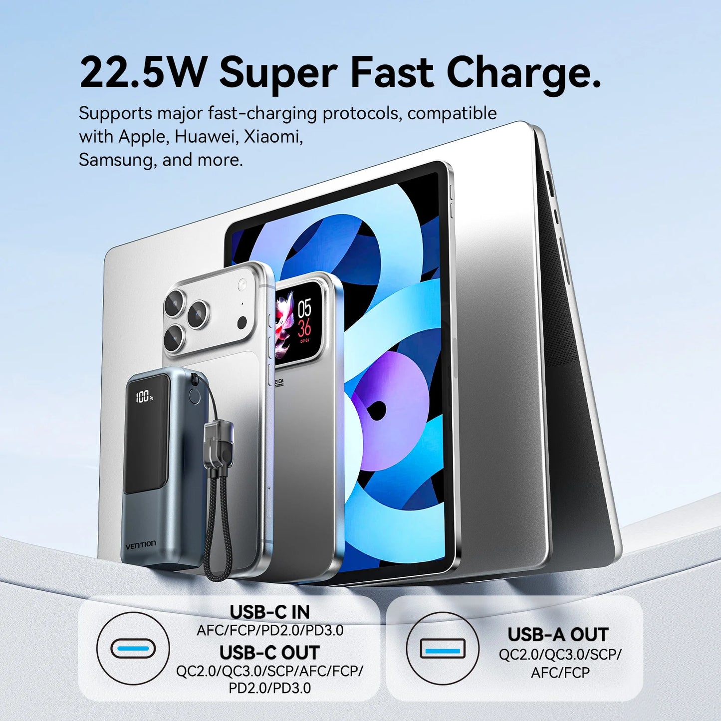 Power bank Vention 10000mAh avec câble USB‑C intégré, charge rapide 22.5W et PD 3.0