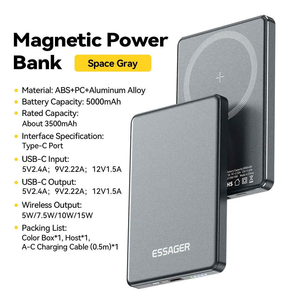 Essager Power Bank Magnétique Sans Fil 20W 5000mAh Ultra‑Fin, Batterie Externe