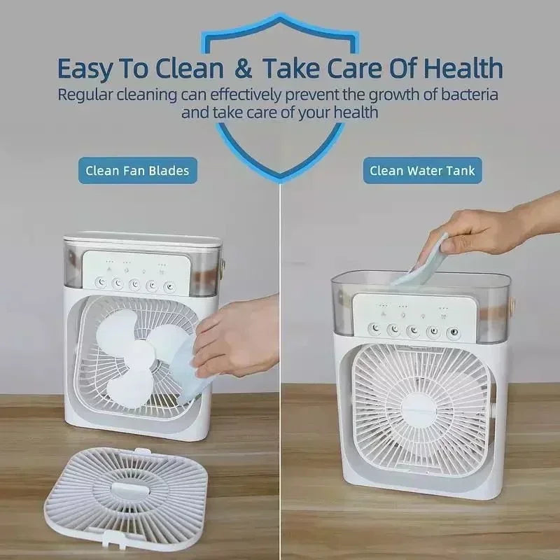 Ventilateur Portable 3‑en‑1, Mini Climatiseur, Humidificateur & Veilleuse LED pour Maison et Bureau