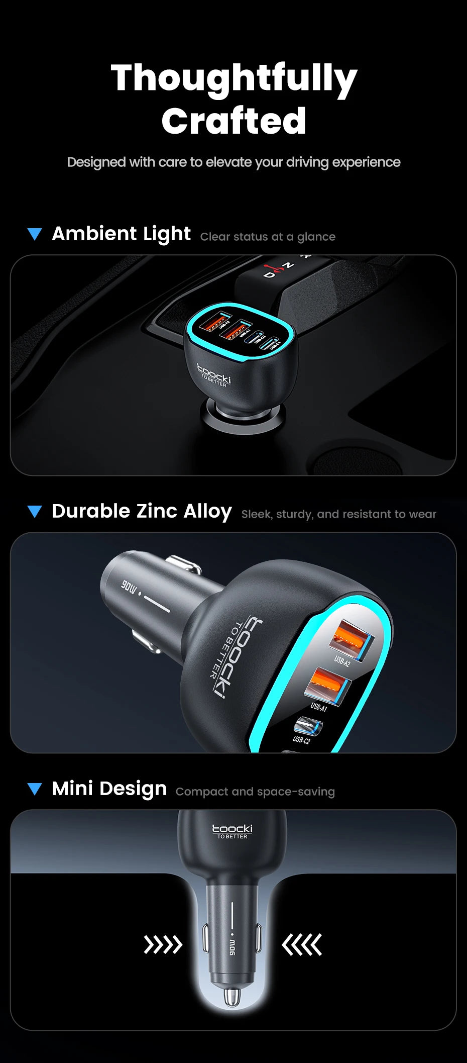 Chargeur TOOCKI à charge rapide avec quatre ports, disponible en versions 90W et 120W.