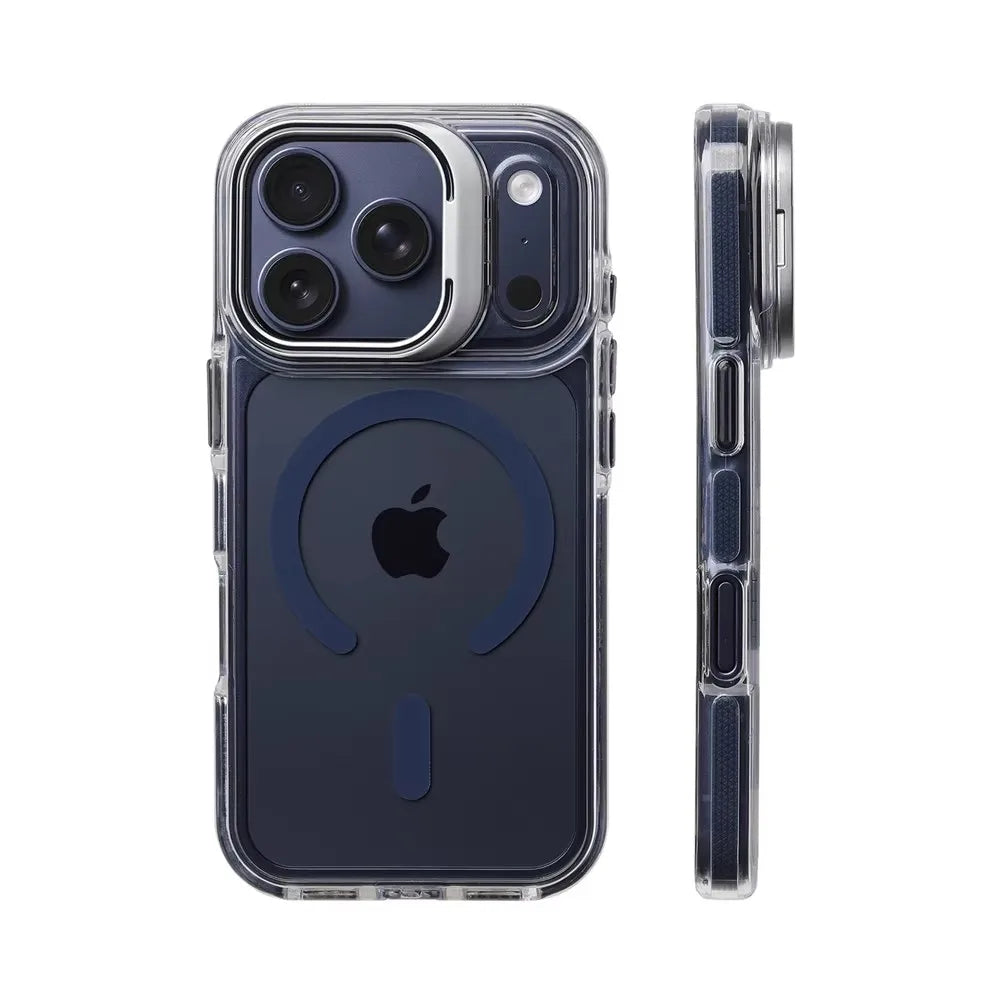 Coque pare‑chocs transparente de luxe MagSafe avec protection d’objectif, compatible iPhone 12 / 13 / 14 / 15 / 16 / 17 (base, Plus, Pro, Pro Max, Air) avec support intégré pour une protection élégante au quotidien.