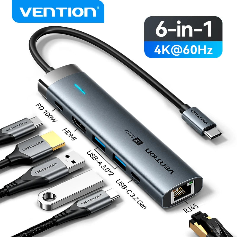 Vention – HUB USB‑C 6‑en‑1 4K60Hz avec RJ45 1000 Mbps & PD 100W