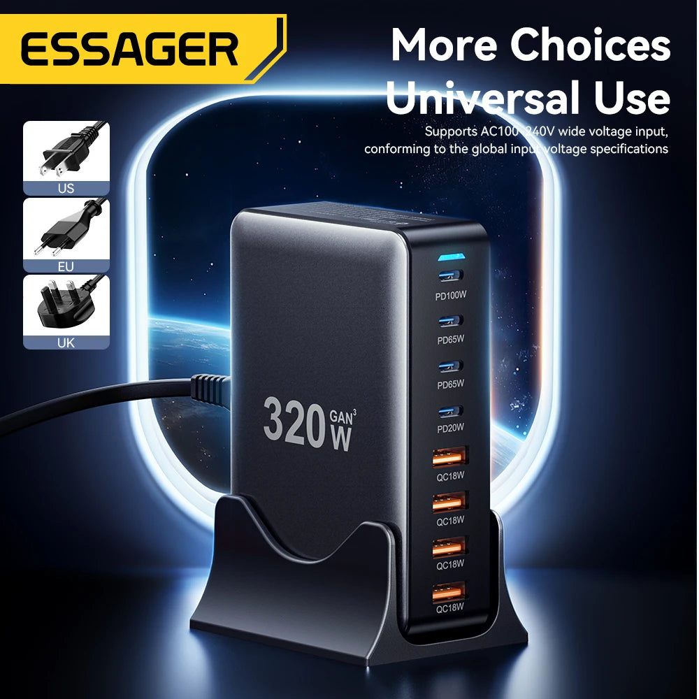 Chargeur rapide GaN Essager 320W, station de charge de bureau